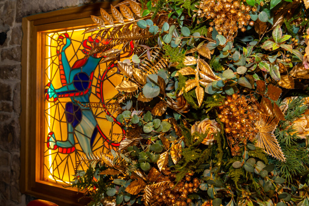 Stained glass window at Christmas